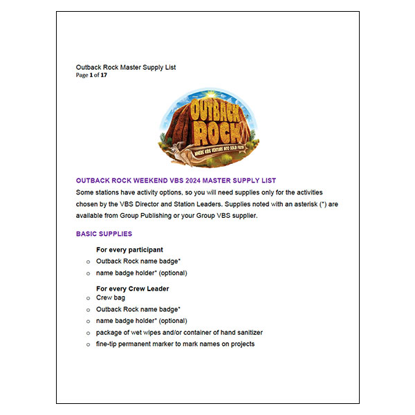 Outback Rock Master Supply List