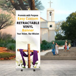 Outdoor church banner in an outdoor setting